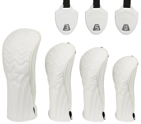 Golf Club Head Covers - 4pcs PU Leather Stars Golf Headcovers for Woods and Driver Fairway Hybrid Golf Clubs with Interchangeable Tags - White