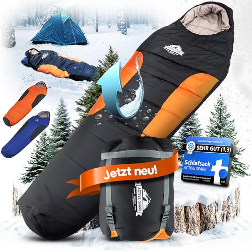 ACTIVE SPARK Schlafsack Winter & 3 Jahreszeiten, Wasserabweisend & Atmungsaktiv, Nie mehr kalte Füße dank Taschenwärmer-Tasche, Schlafsack bis -20 Grad, Hüttenschlafsack, Camping, Outdoor sleeping bag