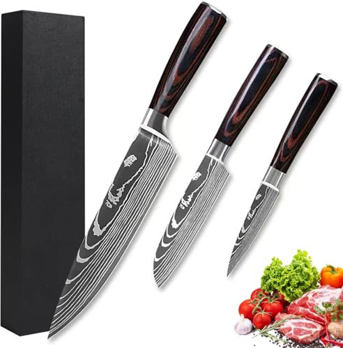Camkum Küchenmesser Set 3PCS, Kochmesser Set Scharf Messer Set-8 Zoll Kochmesser, 5 Zoll Santoku Messer, 3,5 Zoll Schälenmesser in Geschenkbox