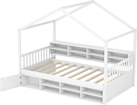 Giantex Canbane barnsäng 115 x 200 cm, trägolvsäng med barriär, 14 förvaringskuber, garderob, 10 lameller, hemdesign, belastning 200 kg, Montessori-säng för flickor, pojkar, vit