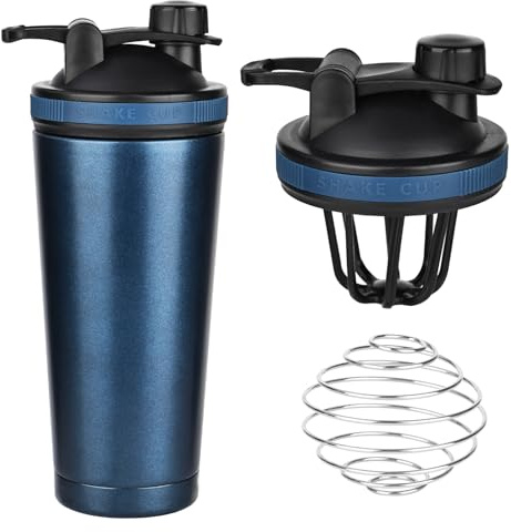 Edelstahl Protein-Shaker mit Sieb & Ball, Doppelwandige Thermosflasche, BPA-frei, Auslaufsicher (Blau)