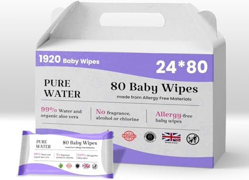 Pure Water Baby Wipes, 99% Water, Organic Aloe Vera, Fragrance-Free, Hypoallergenic (Pack of 12 (12x80PCS))