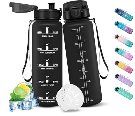 HoneyHolly Gourde Sport, 500ml Étanche & Réutilisable, Bouteille, Motivation avec Filtre Gourde, Bouteille d'eau, Gourdes pour Running, École, Bureau