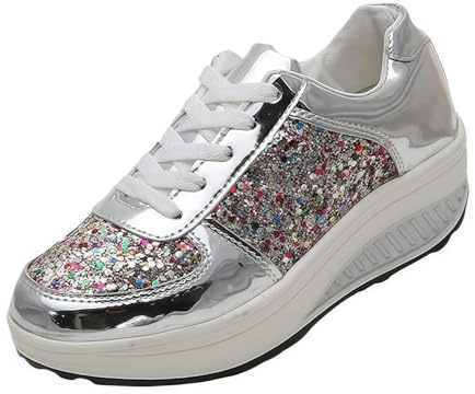 FQLGJMY Plataforma de Mujer Glitter Zapatillas de Deporte con diseño de Encaje Sparkling Zapatos de Tenis Ligeros Strass Moda Chunky Bling Zapatos para Boda Novia Brillante Lentejuelas Fiesta