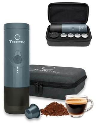Terrestic Cafetera expreso eléctrica portátil Dose + estuche rígido de viaje - Para café molido y cápsulas Nespresso, funciona con pilas y se carga por USB-C, ideal para coche, camping (Gris grafito)