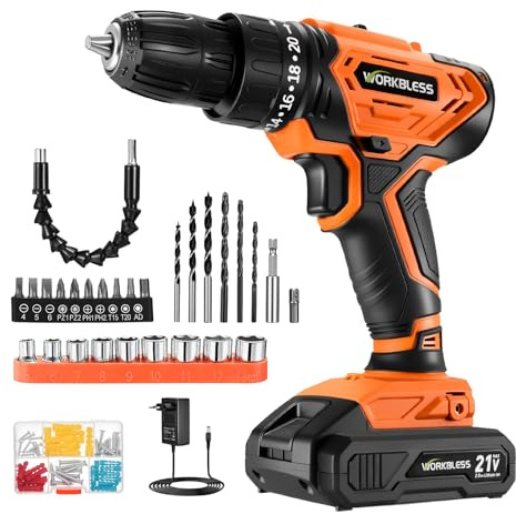 WORKBLESS Akku Bohrschrauber 21V, 40 Nm max. Drehmoment auf 19 Stufen, Akku Bohrmaschine mit 2-Gang-Getriebe zum Bohren + Schrauben, Drehzahl-Elektronik, LED-Licht, Orange