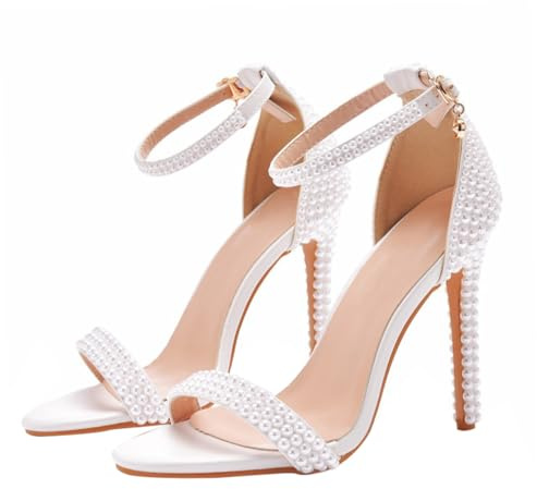 ROMISBABA Escarpins à Talons Hauts Perlés Blancs pour Femmes Sandales à Bout Ouvert Talon de 11 CM Cuir PU Imperméable et Semelle Antidérapante Idéals pour Mariage Soirée et Extérieur