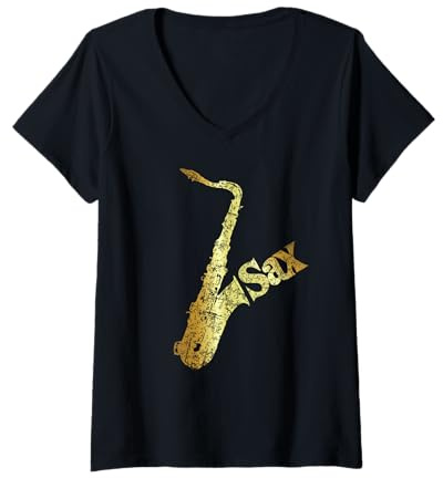 Mujer Saxofón Tenor Sax (Antiguo) Saxofonistas Camiseta Cuello V