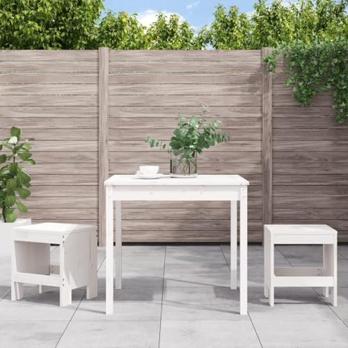 mzdioop Ensemble de bistro de jardin 3 pièces blanc en pin massif avec table de jardin robuste de 82,5 x 82,5 x 76 cm et 2 tabourets empilables pour terrasse, balcon et extérieur pour se détendre et