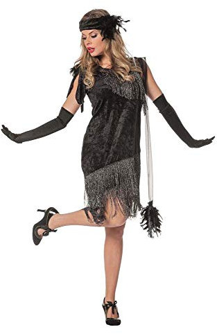 Charleston Flapper Damen Kostüm Schwarz Fransenkleid Stirnband 20er Jahre Kleid 20's Gatsby Girl, Größe:44