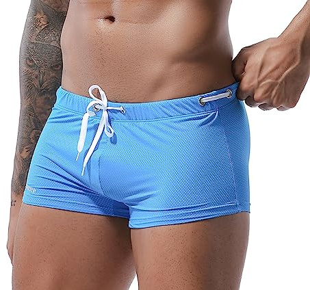 XDSP Herrbadshorts med sportboxershorts badkläder boxershorts underkläder dragsko sommar strandshorts badbyxor, BLÅ, L