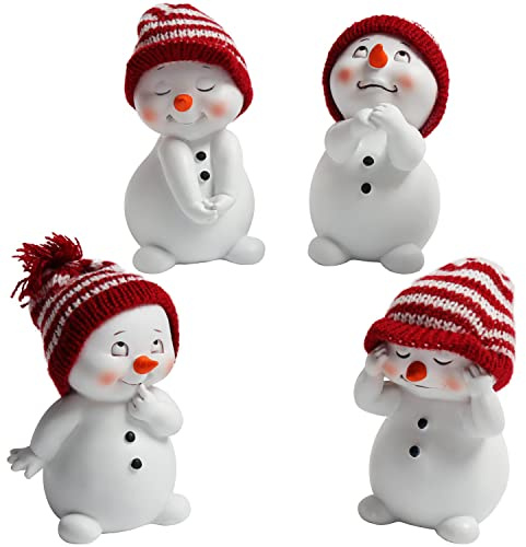 Belle Vous Figurine Noel Décorative Bonhomme de Neige (Lot de 4) - 11 cm de Haut - Figurine de Noel Miniature - Bonhommes de Neige avec Chapeaux Rouges pour Décoration de Noël/Cadeaux