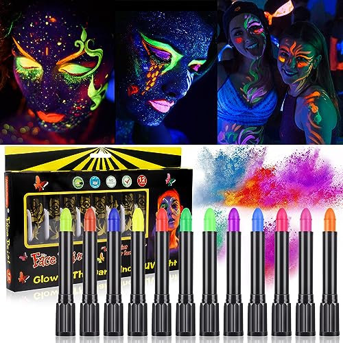 GUHAOOL Luminosas para Pintura Facial, 12 Ceras Fluorescente De Color De La Cara, Lavable No Tóxico Cera Lápiz UV Neón Para Rostro y Cuerpo, Para Halloween, Mardi Gras, Fiesta De Disfraces