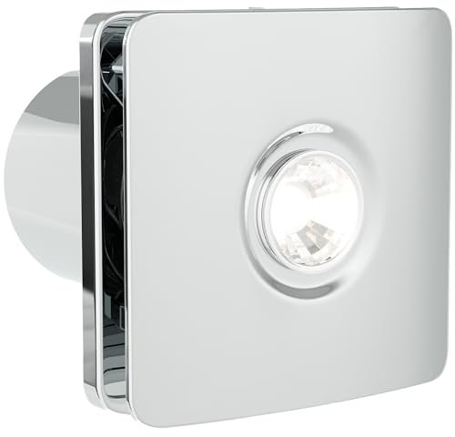 Pebble Grey Silent Bathroom Extractor Fan with Light 4 Inch 100mm IPX4 Rated – Flow Plus Chrome Bathroom Fan Extractor for Shower Exhaust, Toilet Venting, Wall or Ceiling Mount for Moisture Control