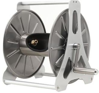 TABODD 1/2IN Stainless Steel Garden Hose Holder Kit, Wall Mounted Garden Hose Reel 50M Capacity Water Hose Storage Rack with 360° Rotatable Handle for Home Garden Lawn