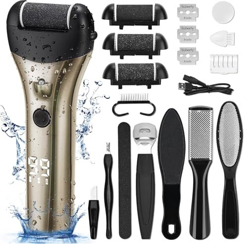 Éliminateur électrique de callosités - Puissant rasoir électronique rechargeable avec 3 têtes de meulage - Kit de pédicure auxiliaire - 10 pièces - Outil de soin des pieds pour talons durs fissurés et