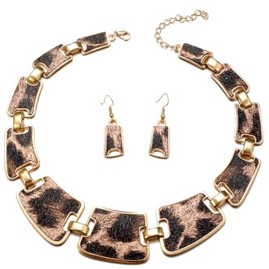 fdsmall Parure de bijoux léopard pour femme avec collier, boucles d'oreilles, guépard, géométrie, bijoux bohèmes, boucles d'oreilles pendantes, accessoires de fête pour mariée, bal de fin d'année,