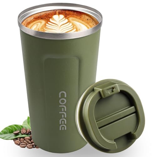 Lrocotanc Tazza Termica Caffè in Acciaio Inox - Mug Termica - Tazza da Viaggio - Bicchieri da Caffè con Coperchio - Ideali per l'Uso Fuori Casa - Ecologici - con una Capacità di 380 ml (verde)