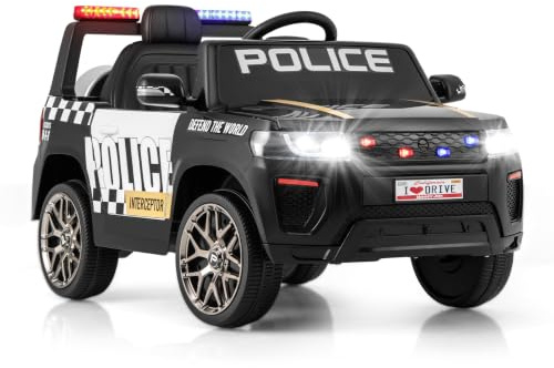 Kids Ride on Police Car, 12V Battery Powered Cop Car with Remote Control, Wireless Connection, Radio, Music, USB, Siren Flashing Lights, Toddler Electric Vehicle for Boys Girls 3-8 Years Old (Black)