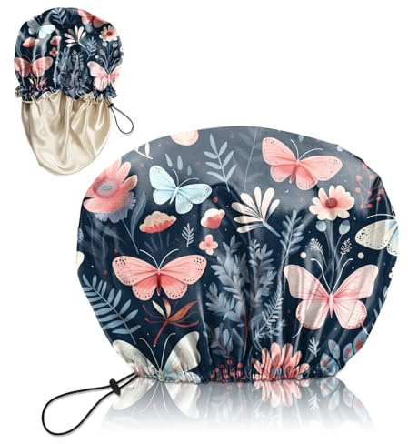 Deokke Luxury Shower Cap Silk Satin Lined Waterproof Reusable Adjustable Elastic Dry Hair Bathing Caps Cute for Women Girls-Flower (G4-Butterfly Flower)