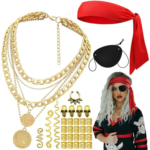 Aswitnove Pirate Costume Accessories for Women Layered Golden Pirate Necklace Bandana Eye Patch Non Piercing Skull Nose Ring Hair Beard Cuffs Viking Accessories for Men Women Halloween Outfit Red
