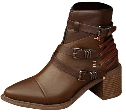 Generisch 2026 Botines con cremallera lateral Hebilla Tacón grueso Punta Puntiaguda para botas de montar elegantes, calzado cómodo, marrón, 42 EU