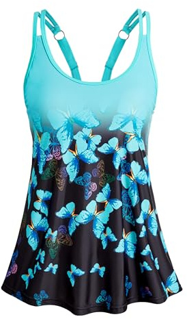 Tankini Top for Women Adjustable Straps Long Torso Tankini Beach Swimwear Swimsuit Tops Only Blue Butterfly X-Large