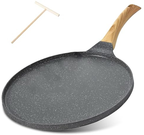VEGOATY Crepe-panna 26 cm, pannkakspanna med bakelitehandtag, 26 cm granitnon-stick-beläggning pannkaks-panna, pastafri, lämplig för induktion, el, keramik och gasspisar (grå)