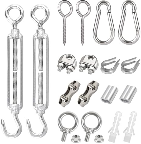 LEAUM Set di 20 tenditori M6, in acciaio inox 304, M6, morsetto per fune metallica con vite ad anello, vite a occhiello e moschettone per piante rampicanti, tende, decorazioni, Beleu