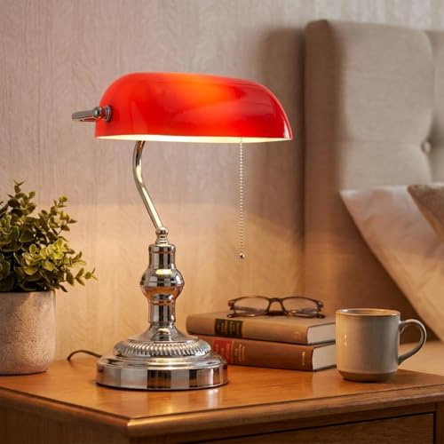 BARCELONA LED Bankerlampa Bordslampa Vintage E27 Röd Glasskärm Kromad Bas Justerbar Klassisk Skrivbordslampa Industriell Retro Skandinavisk för Kontor Bibliotek Inredning
