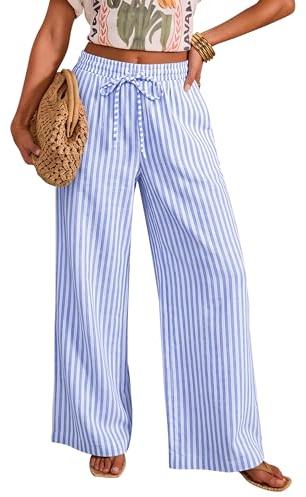 WESTGUY Pantalon large en coton pour femme - Léger - Rayures - Pantalon de loisirs - Pantalon palazzo ample avec cordon de serrage et poches