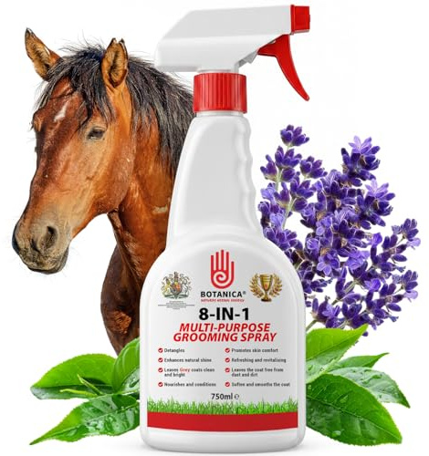 Botanica Horse Grooming Spray 750 ml | 8-in-1 Detangler, Coat Shine & Skin Care | Brightens Grey Coats | Tea Tree & Lavender | Plant-Based Equine Coat Spray