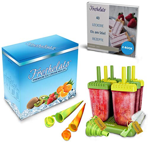 Freshelato - EIS am Stiel Eisformen/Wassereisformen Set + 2 x Silikon EIS Pop Form + Trichter + BPA- frei + Bürste + Rezeptbuch (Ebook auf Deutsch) (Gelb-Grün)