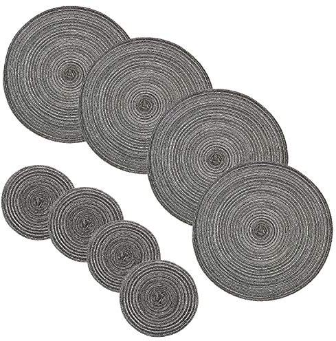 JZK Set of 8 grey braided round table mats and coasters, 4 large round placemat 36cm and 4 small coasters 18cm, outdoor indoor dinner table decorations
