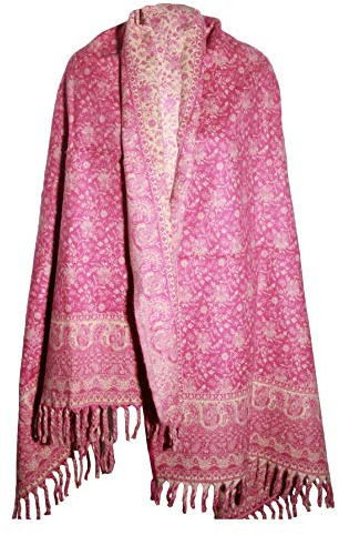 TIBET Pink Paisley Yak Wool Scarf - Handmade, Double Sided, Oversized Shawl Blanket, Unisex-Kids, Machine Washable