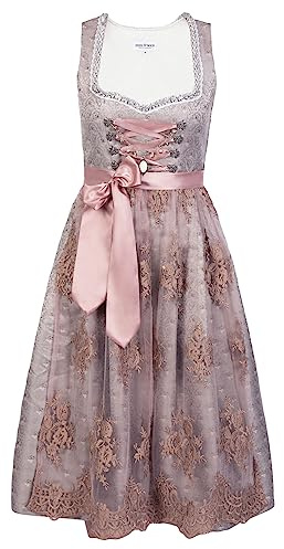Edelnice Traditionellt mode, lång Dirndl, 2-delad Aurelie silver och ros med spetsljus i olika storlekar (32–56), Silver-beige, 42