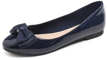 Feversole Women's Round Toe Cute Bow Trim Ballet Flats Dolly Shoes Navy Patent Bow 6 UK