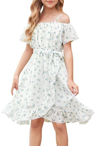 Vestidos para Niñas,Vestido de Chiffon con Flores Sin Mangas,Vestido de Verano con Correa Ajustable,Ocio con Manga Vorta con Volantes para Niñas de 6 a 14 Años