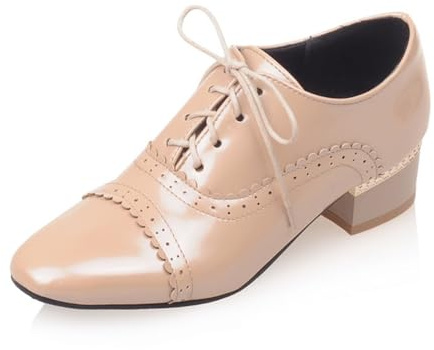 SHEMEE Chunky Heels Oxfords for Women Patent Leather Mid Low Heels Pumps Retro Wingtip Laced Brogues Shoes Apricot,Size 7.5