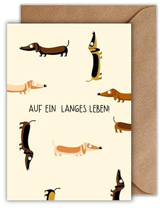 Dackel Geburtstagskarte mit Kraftpapierumschlag – Lustige Klappkarte mit Spruch „Auf ein langes Leben“ – für Männer, Frauen, Freunde & Hundeliebhaber – DIN A6