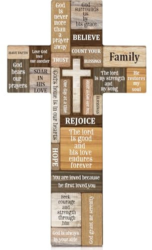 Jetec Cross Wall Decor Christian Wooden Cross Easter Religious Faith Biblical Verse Wall or Table Sign for Easter First Communion Gift Farmhouse Home Hanging Decoration(15 x 8.5 Inch)