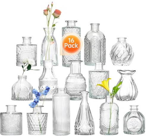 Glasknoppvas set 16 små glasvaser med elegant design mini klar blomvas för blomsterarrangemang, bröllop, bordsuppsats, hem och fester, bordsdekorationer