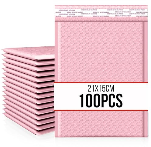 100pcs Waterproof Strong Adhesive Bubble Padded Mailing Bags, Tamper-Proof Shipping Packaging, Durable Protective Postal Self-Seal Jiffy Bags Envelopes - Multiple Colours (Pink, 21x15cm)