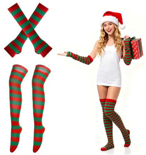 Womens Striped Tights and Striped Arm Warmers, Knee High Socks Long Y2K Fingerless Gloves, Green and Red Elf Tights Christmas Stripe Stockings for Women Girls