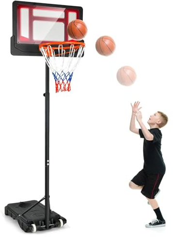 COSTWAY Basketstativ 90–210 cm höjdjusterbar, basketkorg med stativ och 2 hjul, mobil korgställning för barn, ungdomar, basketanläggning väderbeständig, inomhus, utomhus (röd)