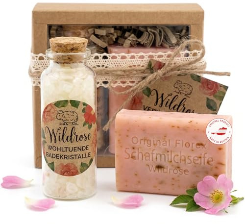 Set regalo Wohlzeit rosa selvatica – sapone al latte di pecora 100 g e sali da bagno 40 g in vetro con sughero, confezione regalo decorativa, profumo di rosa, prodotto in Austria, regalo per donne e
