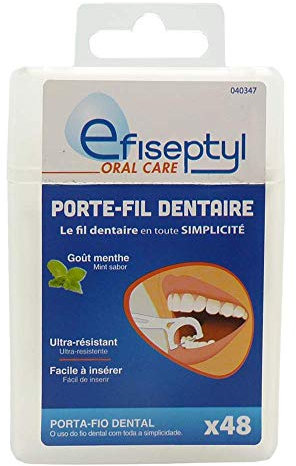 Efiseptyl - Porte-fil Dentaire EasyDuo - Fil Résistant Fluoré - Bâtonnet Gomme Douce - x48