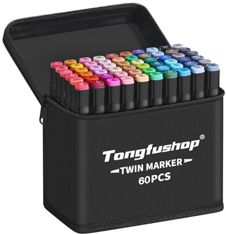 Tongfushop 60 Colored Marker Set, Dual Tip Art Alcohol Markers for Drawing | Colouring Pens for Adults, Permanent Felt Tip Pens, Sketching, Anime, Manga, Dries in 2 Seconds, Carrying Case & Storage Base