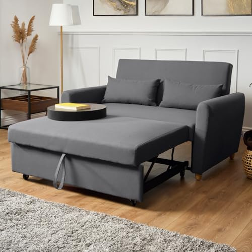 Bravich Dahlia Grey 2 Seater Sofa Bed Double, Pull Out Sofa Bed for Adults, Compact Fabric Sofabed with Fold Flat Mattress | Living Room Guest Bed For Small Spaces | 140cm