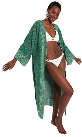 Trendyol Women Beachwear Relaxed Neck Woven Kimonos & Kaftans Kimono e caftani da Donna in Tessuto con Scollo a V Basic Rilassati, Verde, M